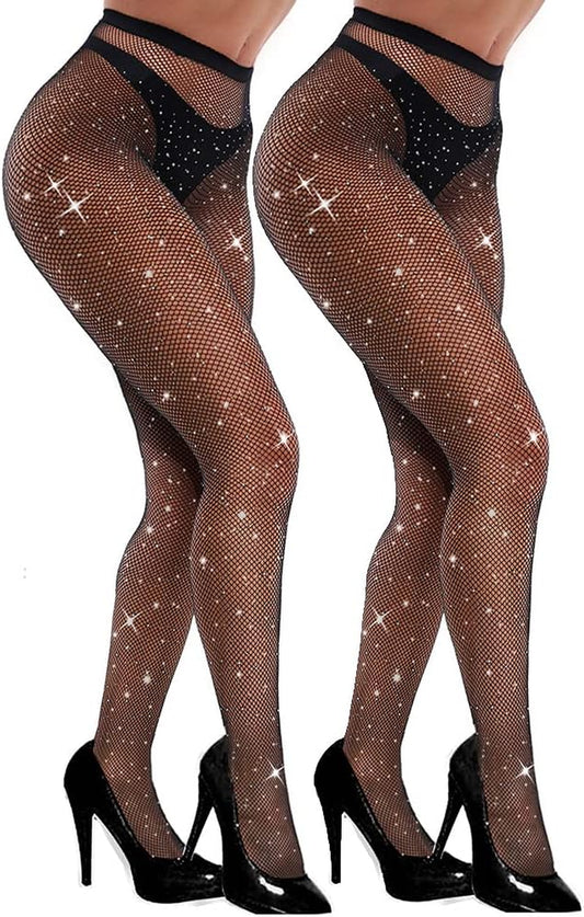 Sexy Sparkly Fishnets Stockings Jeweled High Waist Fishnet Tights for Women Rhinestone Party Pantyhose
