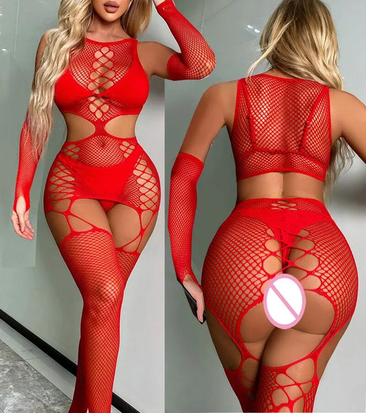 HOT Sexy Fishnet Babydoll Cosplay Nightgown Crochet plus Size Lingerie Dress Bodysuit Corsets Products Sleepwear+Stocking W333