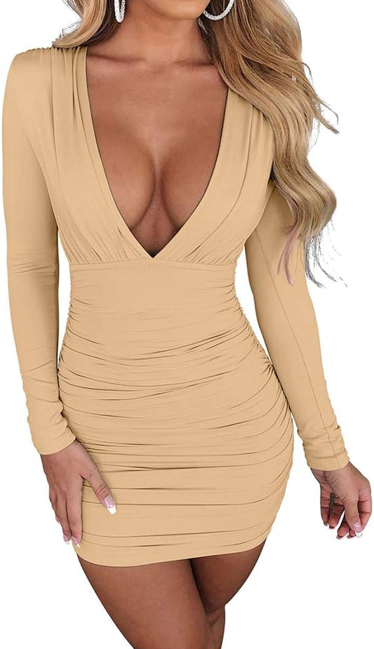 Women'S Sexy Bodycon Long Sleeve V Neck Ruched Mini Club Dress